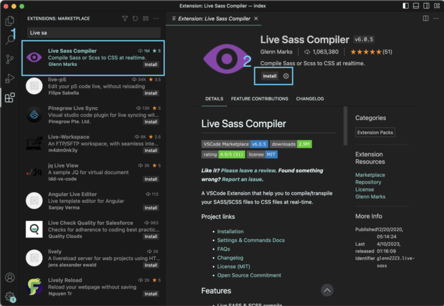 Install Live SASS Compiler Extension In VS Code