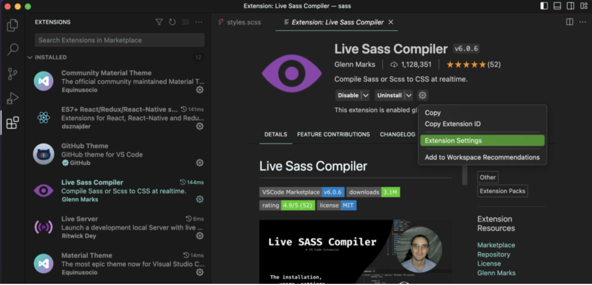 Open The Live SASS Compiler Settings