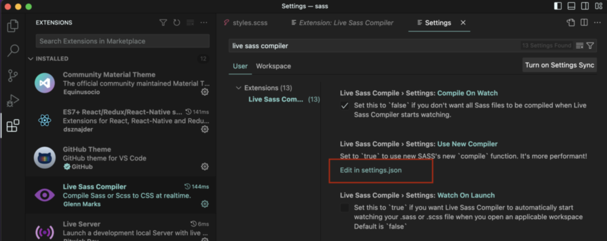Modify The Live SASS Compiler Settings